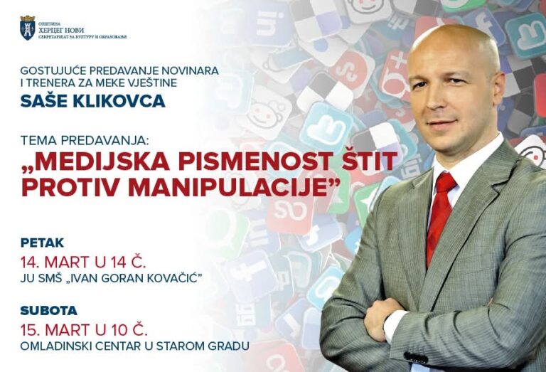 Radionica “Medijska pismenost štit protiv manipulacije” u petak i subotu u Herceg Novom